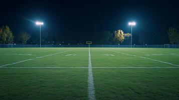 A well-lit football field at night, showcasing freshly cut grass and marked yard lines, with floodlights illuminating the surroundings photo
