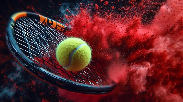 A tennis racket strikes a bright yellow ball, sending it flying through a cloud of red powder during an exciting game photo