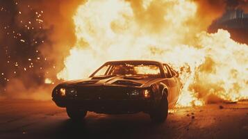 A car engulfed in flames during an explosive action scene at night in an urban environment with sparks flying everywhere photo