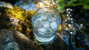 Refreshing glass of cold water with ice cubes sitting on a mossy rock by a gently flowing stream in nature photo
