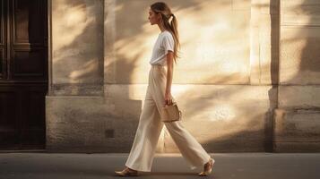 A woman in light clothing walking along a sunlit street in Paris during the late afternoon, showcasing effortless style and grace photo