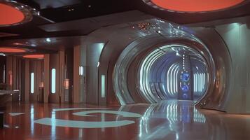 Futuristic hallway with glowing lights and circular architecture in a sci-fi setting during an exploratory mission photo