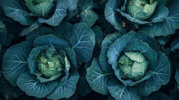 Fresh green cabbages growing abundantly in a garden during the early morning light of spring photo