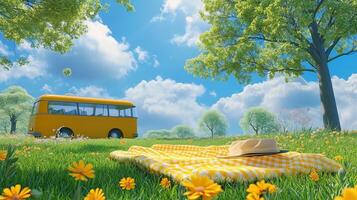 A vibrant yellow bus parked beside a picnic setup on a sunny day in a lush green meadow filled with flowers and under a blue sky photo