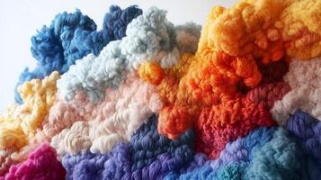 Colorful textured fibers arranged in a vibrant abstract composition resembling a fluffy landscape or clouds photo