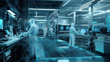 Advanced research facility with scientists in protective suits analyzing data on high-tech equipment photo