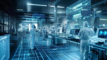 Advanced technology lab featuring scientists in protective gear working with futuristic displays and digital interfaces at night photo