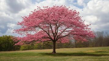Blooming cherry blossom tree stands majestically in a vibrant green field under a cloudy sky in early spring photo