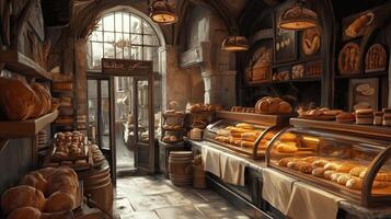A cozy rustic bakery filled with artisanal breads and pastries in a charming stone building during daylight hours photo