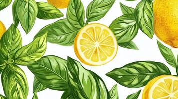 Lemon slices and basil leaves arranged together on a white background, showcasing a vibrant and fresh culinary theme photo