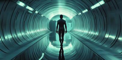 A silhouette walks through a futuristic tunnel illuminated by glowing lights in a sci-fi urban setting photo
