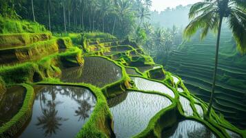 Lush terraced rice paddies in Ubud at sunrise, showcasing vibrant greenery and tranquil water reflections in Bali, Indonesia photo
