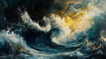 Majestic ocean waves crashing under a dramatic sky at sunset with vibrant colors and swirling clouds creating a breathtaking seascape photo