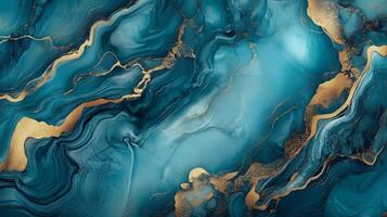Abstract blue and gold marbling pattern created with fluid art techniques featuring swirling shapes and textures in calming tones photo