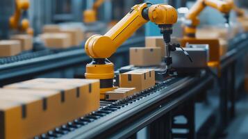Automated robotic arm sorting packages on a conveyor system in a modern warehouse during daylight hours photo