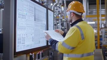 Worker reviewing engineering plans at a control panel in an industrial facility during daytime operations photo