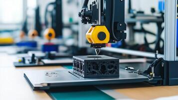 A close-up view of a 3D printer in action creating a detailed black object in a workshop setting during daylight hours photo