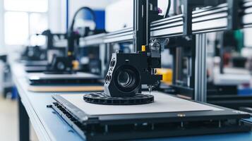 Advanced 3D printing technology in a modern workshop with multiple printers at work during the day photo