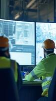Workers monitor data and operations at a control center in a modern industrial facility during daytime hours photo