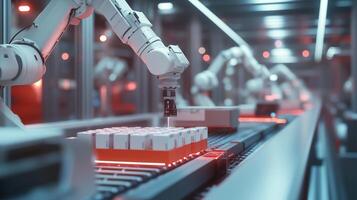 Advanced robotic arms assembling packages in a high-tech warehouse during peak operational hours photo