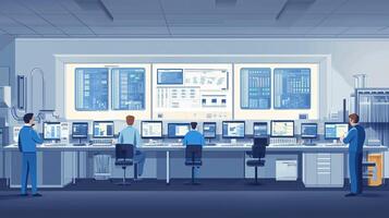 Control room with technicians monitoring systems and analyzing data during a technical operation in a modern facility photo