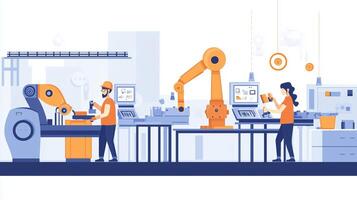Workers engaged in automation tasks at a modern industrial facility with robotic equipment and workstation setup photo