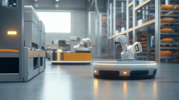 Robots transporting goods in a modern warehouse during daylight, showcasing automation in action photo