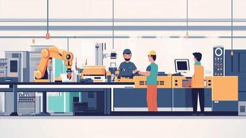 Workers collaborating in a modern factory setting with robotics and advanced machinery during a busy manufacturing process photo