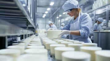 Workers in a cheese factory meticulously prepare cheese wheels on a production line during a bright afternoon photo