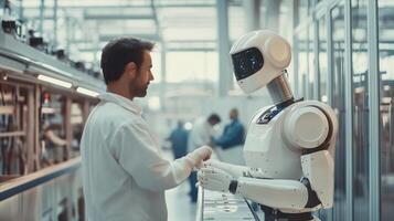 A technician interacts with a humanoid robot in a modern industrial facility focused on automation and technology development photo
