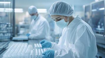 Laboratory technicians prepare samples in a sterile environment during research activity at a bioengineering facility photo