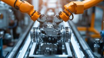 Automated robotic arms assembling an engine component in a modern manufacturing facility during daylight photo