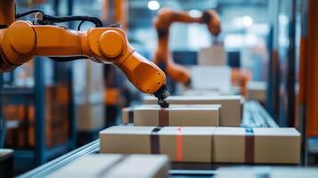 Robotic arm sorting packages in a modern warehouse during the day for efficient logistics and delivery solutions photo