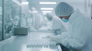 Laboratory technicians working diligently in a cleanroom environment on research and development tasks in a medical facility photo