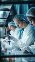 Laboratory scientists conduct experiments in a research facility wearing protective gear during a busy work shift photo