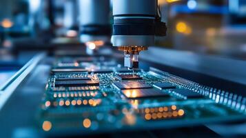 Automated machinery works on circuit boards in a high-tech manufacturing facility during the day photo