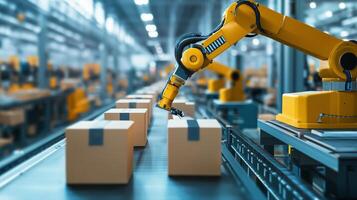 Robotic arm sorting packages in a modern warehouse during busy working hours photo