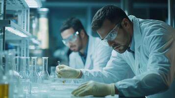 Scientists conducting experiments in a modern laboratory during the evening hours, focusing on precise measurements and chemical mixtures photo