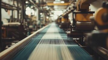Textile manufacturing process in a busy factory with machines weaving colorful threads during daylight hours photo