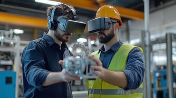 Two men using virtual reality headsets to collaborate on robotics project in a high-tech manufacturing facility photo