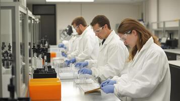 Researchers work collaboratively in a laboratory setting, conducting experiments during daytime hours in a modern facility photo