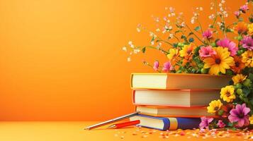 Colorful flowers arranged in a vase atop a stack of books against a vibrant orange background during a bright afternoon photo