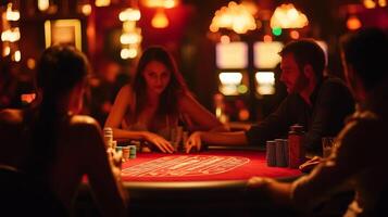A group of friends playing poker at a dimly lit casino table during an exciting evening of card games and conversation photo