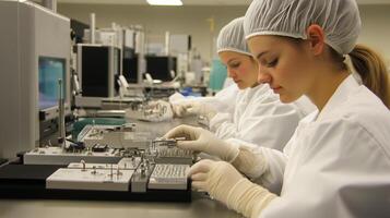 Laboratory technicians working diligently on electronic components in a modern research facility during a busy afternoon shift photo