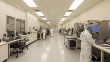 Scientists working in a cleanroom laboratory conducting research and experiments with advanced equipment during daytime hours photo