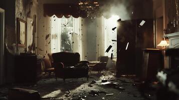 Debris scattered in an abandoned room with a shattered refrigerator and overturned furniture revealing chaos and disarray photo