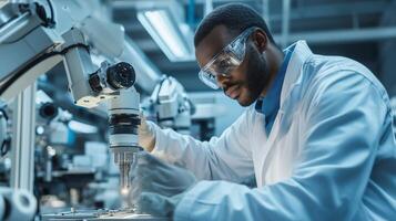 A scientist in a lab coat examines samples with a microscope in a high-tech laboratory setting during the day photo