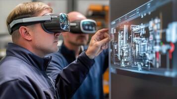 Technicians using virtual reality headsets to analyze data displays in a technology workshop during daylight hours photo