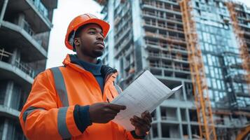 Construction worker checking plans at a building site during the day in an urban setting with cranes in the background photo