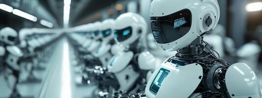 Advanced robotic assembly line showcasing humanoid robots in a high-tech manufacturing facility during daylight hours photo